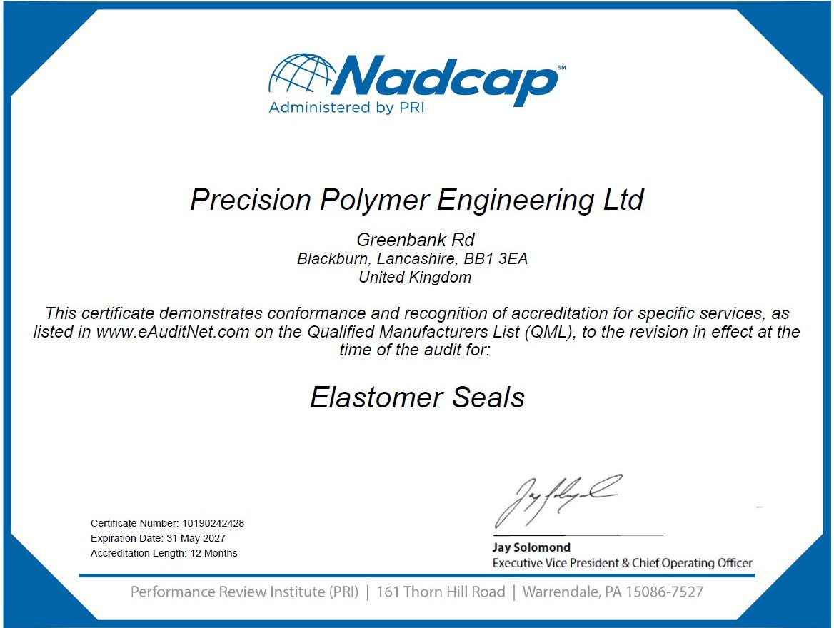 PPE's NADCAP certificate for elastomer seals