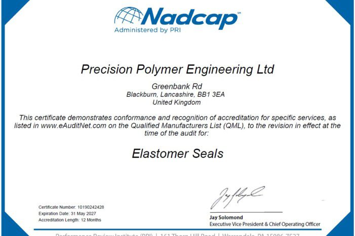 Nadcap accreditation received for elastomer seals