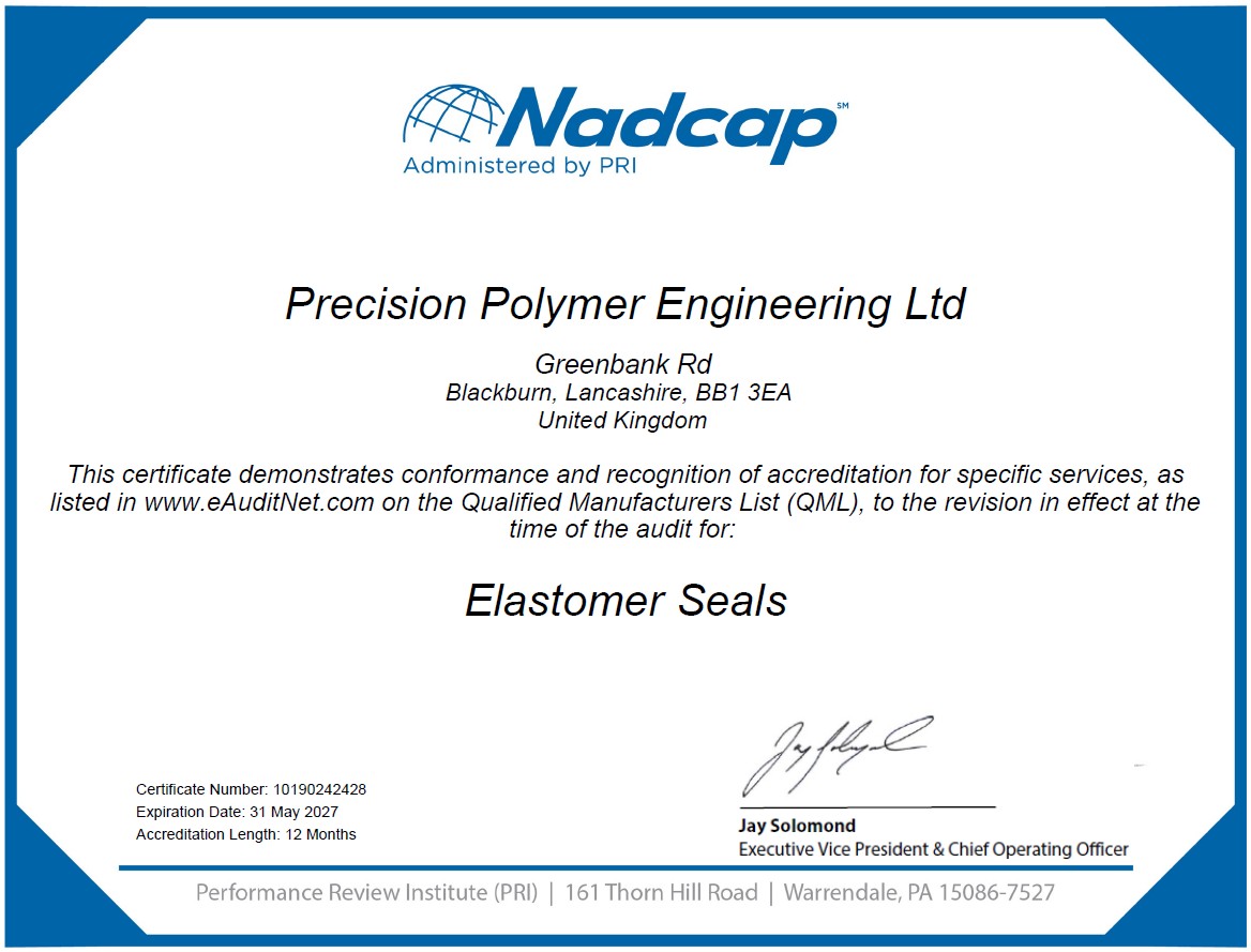 PPE's NADCAP certificate for elastomer seals